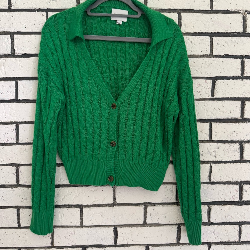 Pink Rose Green Cable Knit Cardigan Sweater